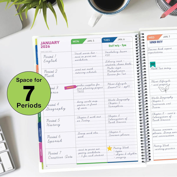 Aug 2025-Jul 2026 Lite Teacher Lesson Planner Notebook 8.5X11 Daily Weekly Monthly Organizers - Includes 7 Periods, Dated Calendar, Page Tabs,