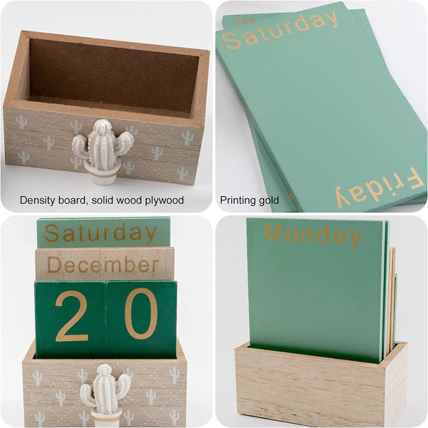 Notakia Perpetual Calendar, Wooden Calendar for Home Office Desk Accessories Vintage Wood Block Calendar(Green) Green cactus