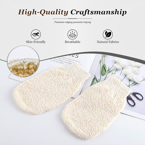 Natural Hemp Bath Mitts & Loofah Gloves Set - Exfoliating Shower Gloves for Women and Men, Organic Fiber Body Scrubber, Reusable Eco-Friendly Bath