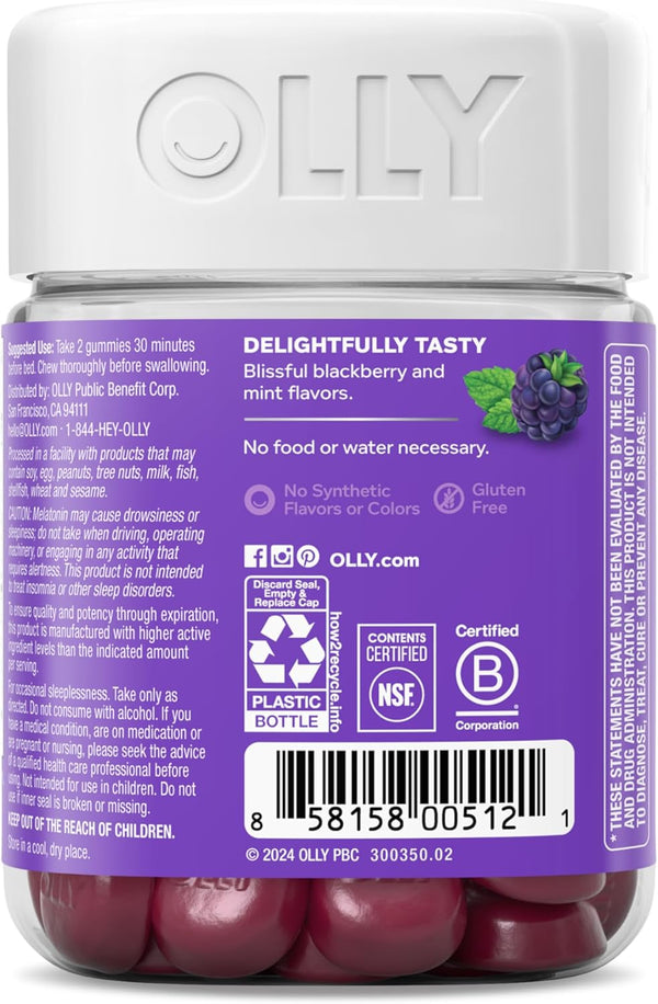 OLLY Sleep Gummy, 3 Mg Melatonin, L-Theanine, Chamomile, Lemon Balm, Sleep Aid, Blackberry, 50 Count