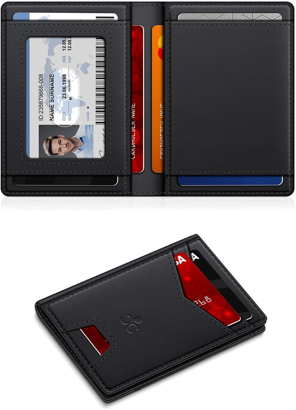 Wallet for Men Slim Leather Wallets for 9-13 Cards, RFID Blocking Thin Card Holder Wallet with ID Window & Stretchable Cash Slot, Minimalist