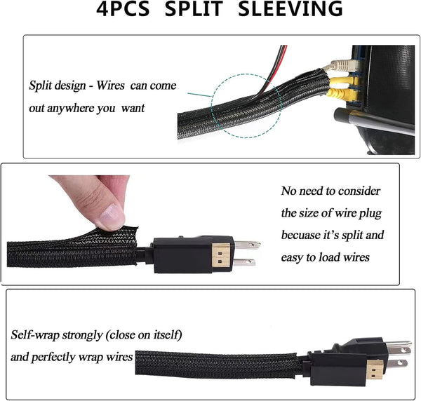 N NOROCME Cord Management Organizer Kit 4 Cable Sleeve Split with 41Self Adhesive Clips Holder, 10Pcs and 2 Roll Self Tie 100 Fastening Ties for