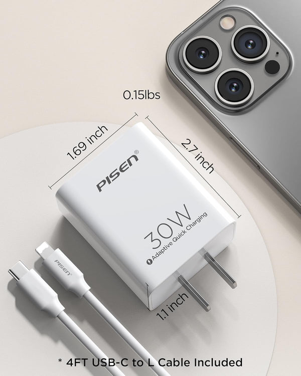 PISEN 30W USB C Charger - USB C Fast Charger Block, PD3.0 Wall Charger with 4FT Type C to L Cable, 30W Power Adapter for Iphone