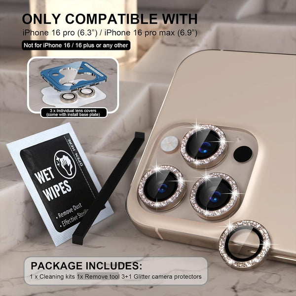 Choiche Compatible for Iphone 16 Pro/Iphone 16 Pro Max Camera Lens Protector Bling, 9H Tempered Glass Camera Cover Screen Protector Metal Ring