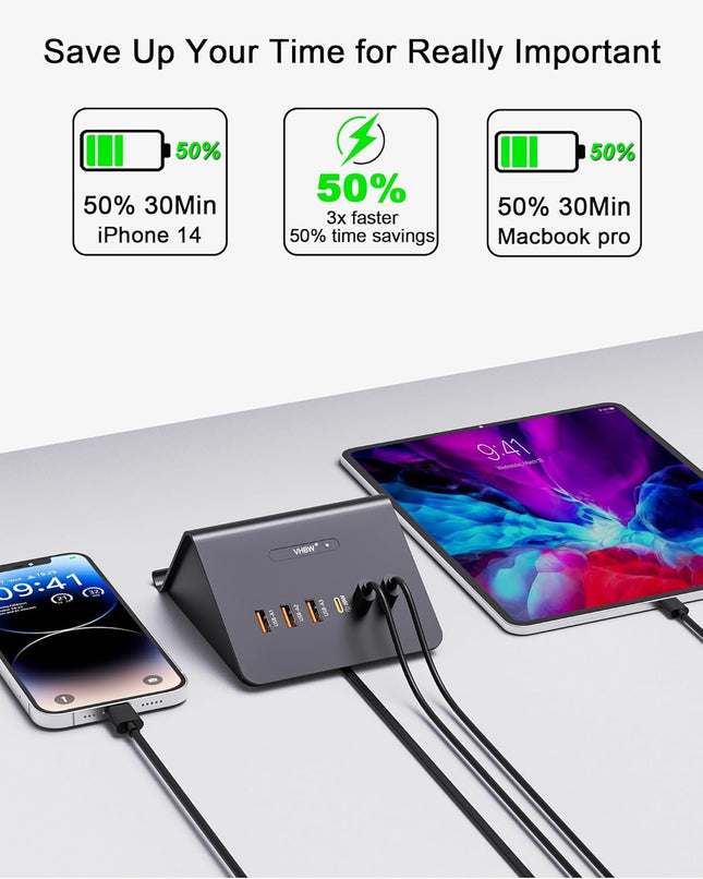 Multi-Device Charging Station, 100W Gan 6-Port USB C Charger Hub with 45W PD Wall Adapter & 15W Wireless Charger. Compat