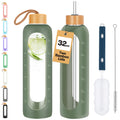 Glass Water Bottles 32 Oz - Motivational Drinking Glass Water Bottle with Silicone Sleeve, Straw & 2 Bamboo Lids - 1 Liter Clear Borosilicate