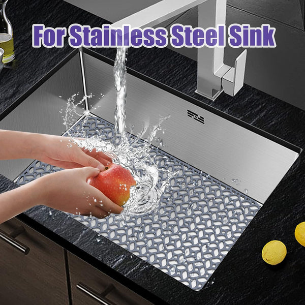 JUSTOGO Silicone Sink Protector, Non-Slip Heat Resistant Kitchen Sink Mat Grid Accessory, Center Drain (24.8"X 13"), Grey