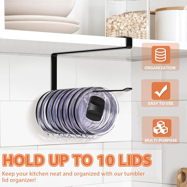Tumbler Lid Organizer, Horizontal Tumbler Lid Storage Hook up to 10 Lids, Space Saving Cup Lid Holders under Cabinet Tumbler Lid Hook for Kitchen