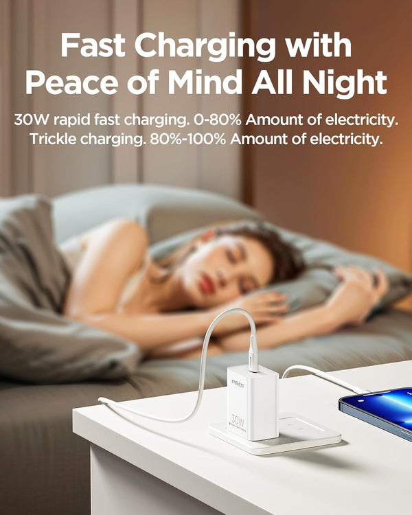 PISEN 30W USB C Charger - USB C Fast Charger Block, PD3.0 Wall Charger with 4FT Type C to L Cable, 30W Power Adapter for Iphone