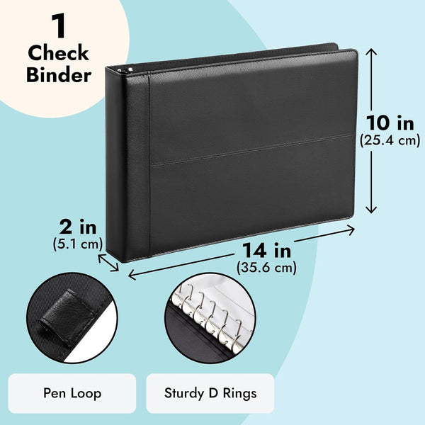 7-Ring Business Check Binder for Checkbooks Organization, Financial Records, Personal and Corporate Use, Black Faux Leather Folder for 600 Checks