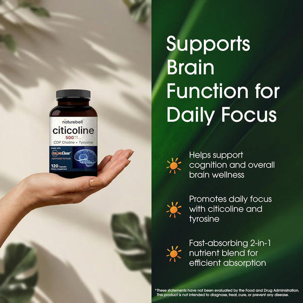 Naturebell Citicoline Supplements, CDP Choline, Citicoline 500Mg plus Tyrosine 50Mg per Serving, Optimized Dosage, 120 Capsules, 2 in 1 Formula,
