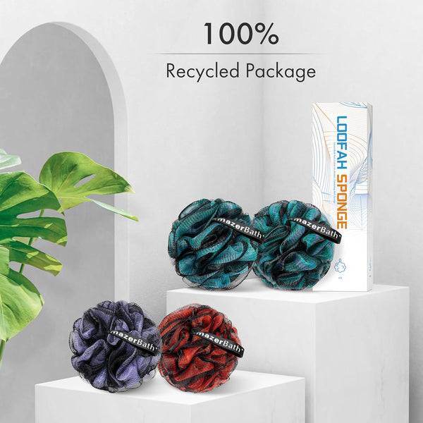 Amazerbath Charcoal Loofah Sponge, Shower Loofah 60G/Pcs - Body Scrubber Loofa Set of 4 - Charcoal Blue, Green, Purple & Red, Bath Sponge for Men