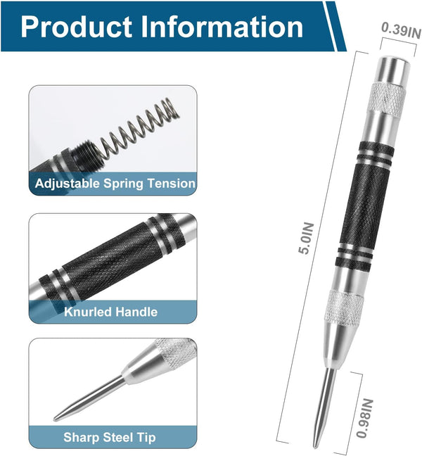 2Pcs Heavy Duty Automatic Center Punch, 5'' Premium Steel Spring Loaded Center Hole Punch, Adjustable Spring Impact Center Marker Scriber Tool for