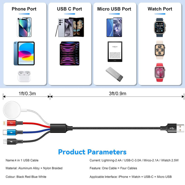 Travel 4 in 1 Multi Charging Cable for Apple Watch, Magnetic Wireless Charger, Braided USB C/Lightning/Micro Port for Iwatch Series