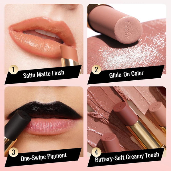 Oulac Beige Lipsticks for Women, Pale Nude Matte Lip Base, Full Coverage Lip Color, Satin Matte Finish, Cream Texture, Hydrating, Infused with