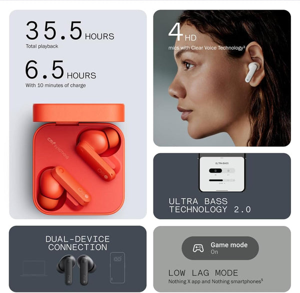 CMF Buds Wireless Bluetooth Earbuds, 42Db Noise Cancelling Earbuds, Dirac HD Audio, 35.5H Playtime, BT5.3, IP54 Waterproof, 4HD Mics Wireless