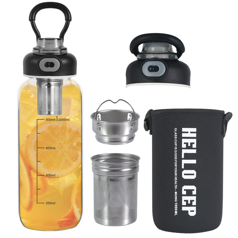 34Oz Glass Water Bottle with Capacity Mark & Stainless Steel Tea Strainer-Large Capacity for Hot/Cold Drinks,Coffee,Tea,And Water-Includes
