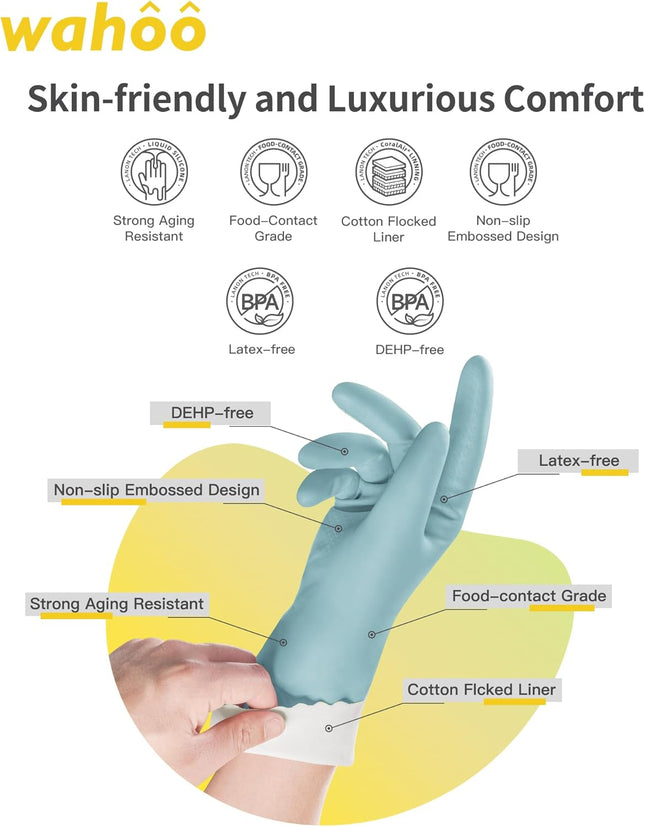 LANON Protection wahoo Skin-Friendly Dishwashing Cleaning Gloves, Dishwashing Kitchen Gloves with Cotton Flocked Liner, 