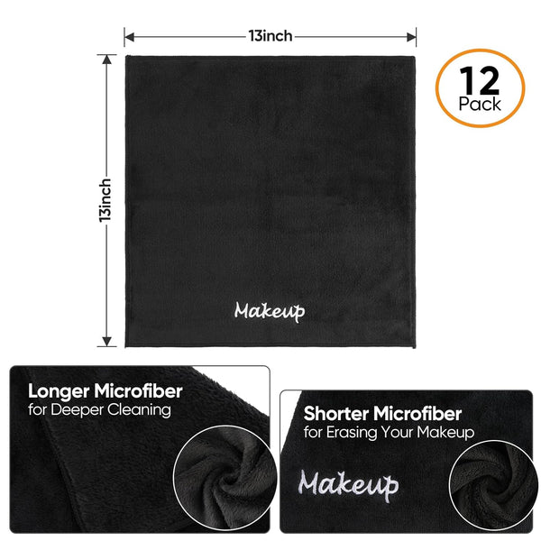 Makeup Remover Cloth, 12 Pack Black Facial Wash Cloths, Soft Coral Fleece Microfiber Towels for Face, Hand, and Bathroom(13" X 13")