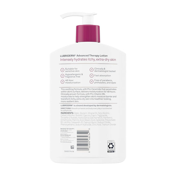 Lubriderm Advanced Therapy Fragrance Free Moisturizing Hand & Body Lotion + Pro-Ceramide, Intense Hydration for Itchy, Extra Dry, & Sensitive