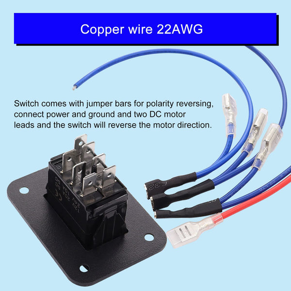 Weideer 20A 12V Polarity Reversing Momentary Rocker Switch DC Motor Control 7Pin up down Blue LED Winch In/Out Switch with Aluminum Plate Screw