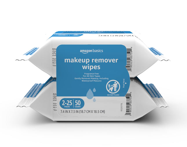 Amazon Basics Make up Remover Wipes, Fragrance Free, 25 Count, Pack of 2 (Previously Solimo)