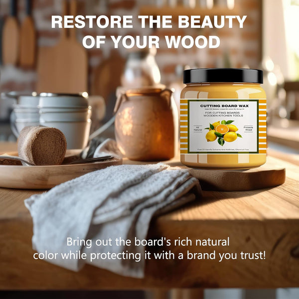 Premium Cutting Board Finish Wax - Natural Beeswax and Carnauba Wax - Enriched with Lemon & Orange Oils - for Wood Butcher Blocks, Wooden Bowls,