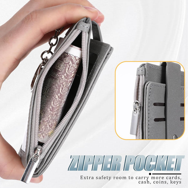 Grevosea Credit Card Holder for Women, Slim Minimalist Wallet ID Card Holder Zipper Front Pocket Wallet with 7 Card Slots and 2 ID Window for Men