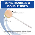 Sammons Preston Long Scrub Sponges, 22.5" Long Handled Washer & Scrubber Tool with Polyfoam round Sponge & Loofah on One Side, Bath & Shower