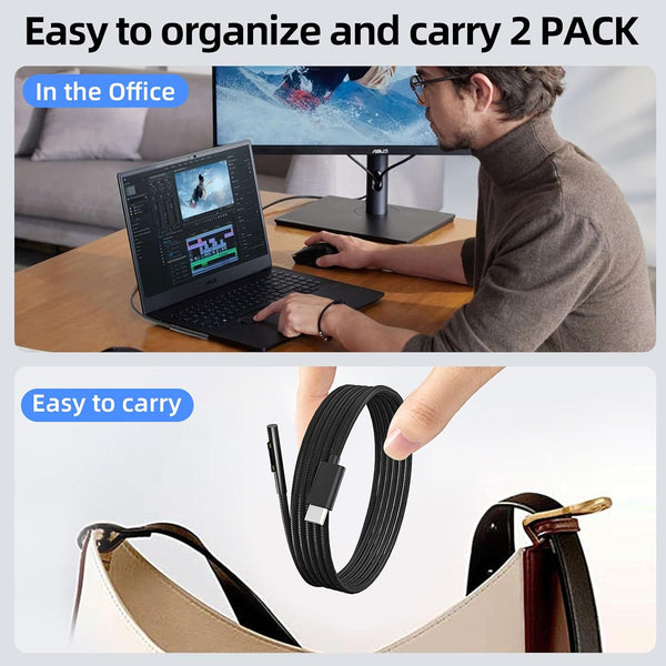 P45W 15V 3A Compatible with Microsoft Surface Pro 3/5/6/7Go3/2/1 Laptop 4/3/2/1 Type-C to Surface Nylon Braided Cable Power Supply USB-C Charger