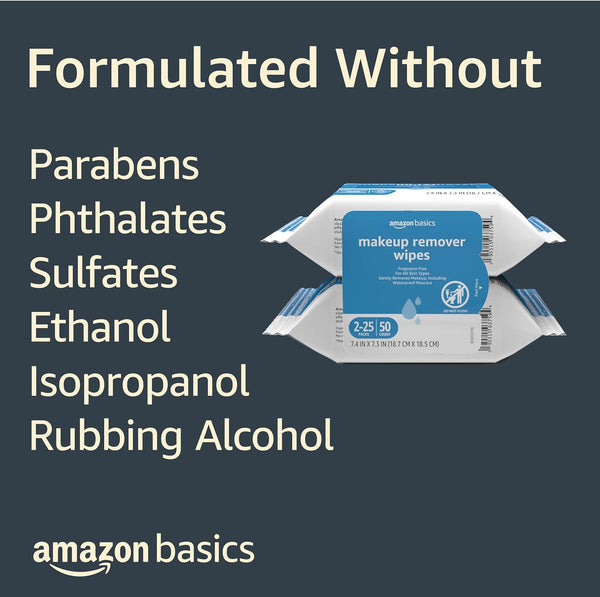 Amazon Basics Make up Remover Wipes, Fragrance Free, 25 Count, Pack of 2 (Previously Solimo)