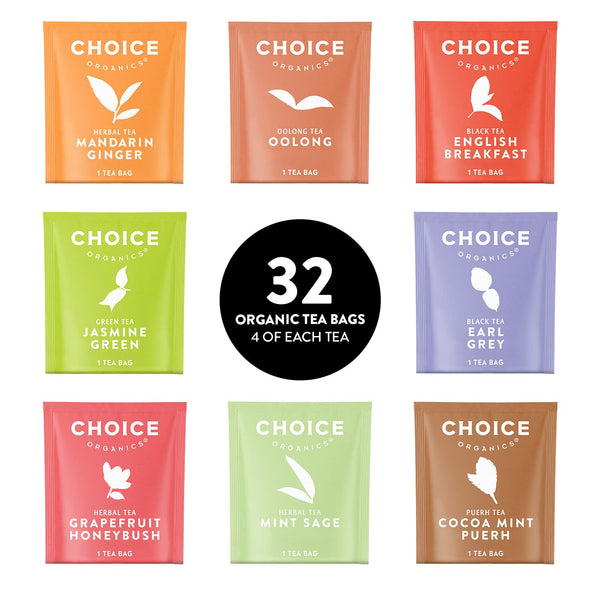 Choice Organic Teas Sipping Box Tea Sampler, Variety Gift Box, 32 Total Tea Bags, 8 Flavors, Caffeinated and Caffeine-Free Teas, Sustainably