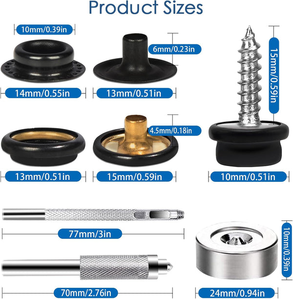 Weiwei 173 PCS Canvas Snap Kit 2 Types Marine Grade 3/8" Socket Boat Snaps Buttons with Setting Tool Stainless Steel Heavy Duty Metal Snaps