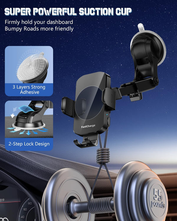 Wireless Car Charger, Fast Charging Phone Holder 3 in 1 Phone Mount Auto Clamping Car Accessories Compatible with Iphone 16 15 14 13 12 11 Xs XR,