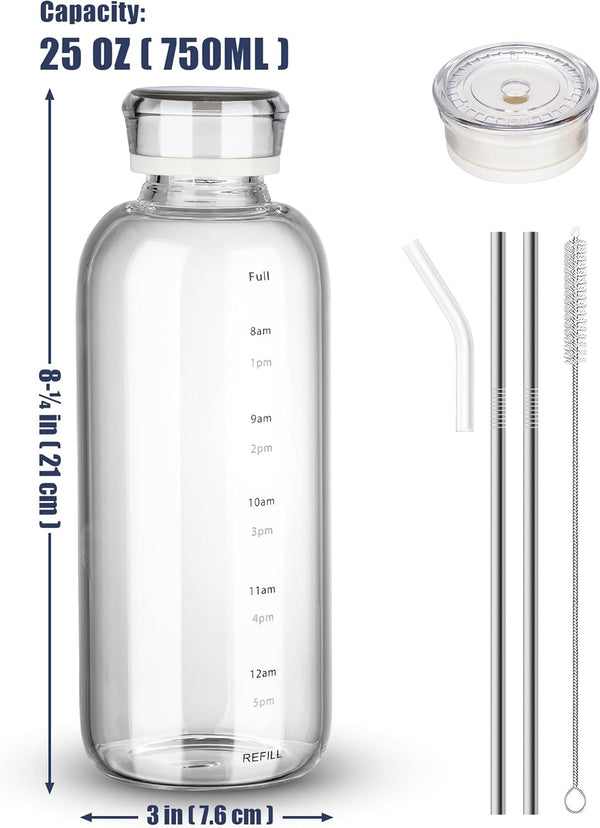 NiHome 25oz/750ml Clear Glass Water Bottle with 2 Caps & Stainless-Steel Straw, Temperature Resistant Durable High Borosilicate Glass Drinkware