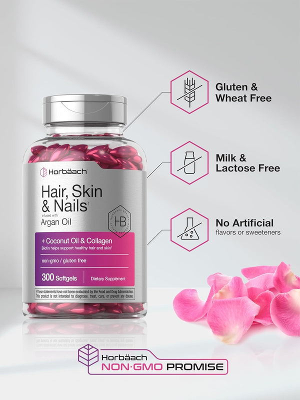 HorbÃ¤ach Hair Skin and Nails Vitamins | 300 Softgels | with Biotin and Collagen | Infused with Argan Oil and Coconut Oil | Non-Gmo, Gluten Free