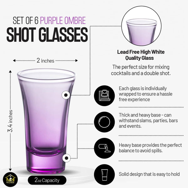 M&N HOME Purple Ombre Shot Glasses, 6-Pack Colored Whiskey & Tequila Glasses, 2 Oz round Gradient Purple