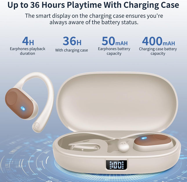 Open Ear Headphones, Bluetooth Headphones 5.3 Sports with Smart Digital Display, 36H Playtime, IP54 Waterproof, Wireless
