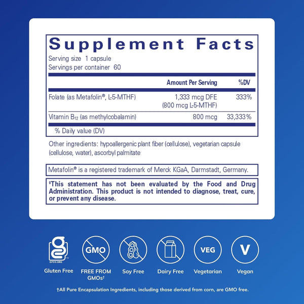 Pure Encapsulations B12 Folate - Energy Supplement to Support Nerves, Energy Metabolism & Cognitive Support* - with Vitamin B Folate as Metafolin