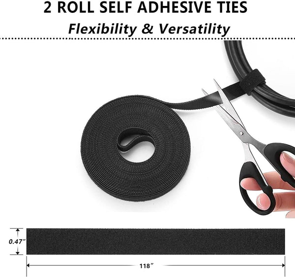 N NOROCME Cord Management Organizer Kit 4 Cable Sleeve Split with 41Self Adhesive Clips Holder, 10Pcs and 2 Roll Self Tie 100 Fastening Ties for