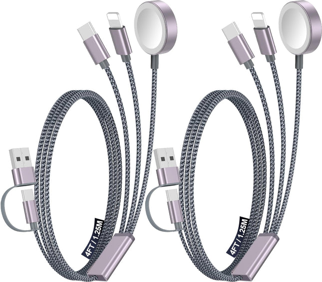 2Pack Travel Essentials 3-In-2 Multi Fast Charging Cable for Apple Watch Charger,Iphone Charger,[Portable] Type C/Lightn