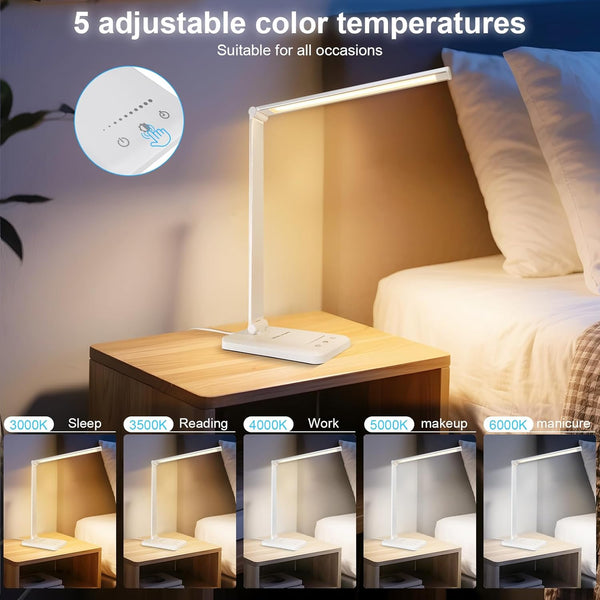 White Crown LED Desk Lamp Dimmable Table Lamp Reading Lamp with USB Charging Port, 5 Lighting Modes, Sensitive Control, 30/60 Minutes Timer