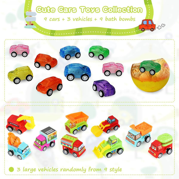 Bath Bombs for Kids with Surprise Inside, 9 Pack Pull-Back Cars Organic Rich Foam Color Bubble Set with 3 Multifunctional Vehicles, Gentle and