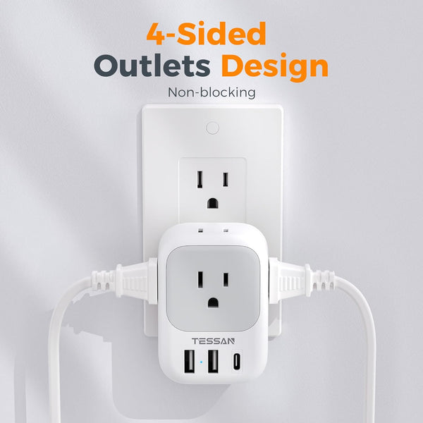 USB Wall Charger, Wall Plug Adapter Outlet Extender, TESSAN 3 Charger Block (1 USB C Port), Multi Charging Station for Cruise, Bathroom, Office,