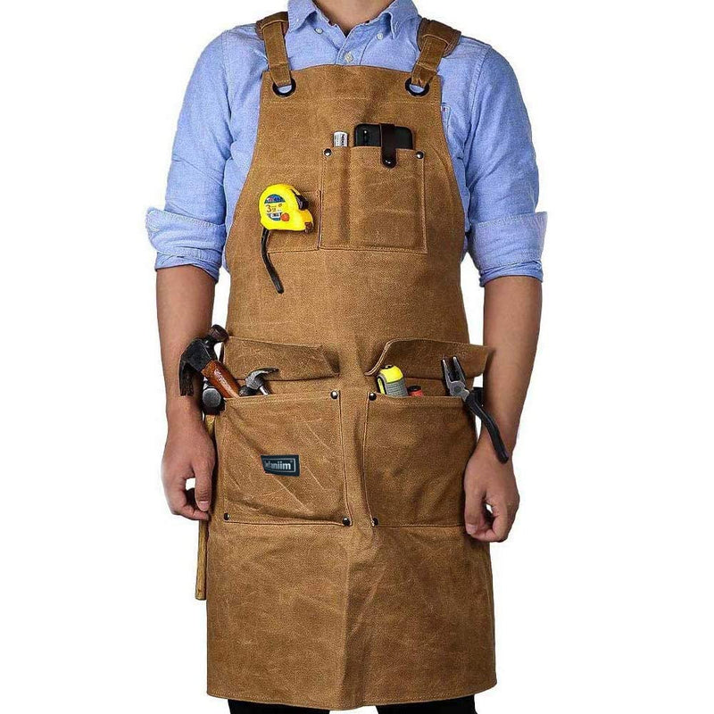 Waxed Canvas Shop Apron for Men & Women.Woodworking Aprons Heavy Duty Work Apron with Pockets. Big Bulk Tool Apron with Adjustable Cross-Back