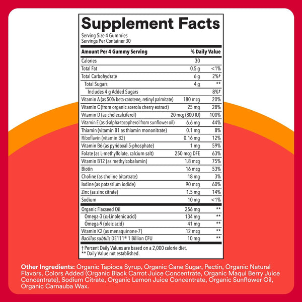 Smartypants Organic Kids Multivitamin Gummies: Probiotics, Omega 3 (ALA), Vitamin D3, C, Vitamin B12, B6, A, K & Zinc for Immune Support, Biotin,