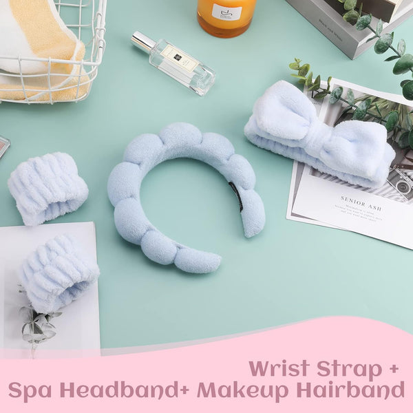 Sponge Spa Headbands for Women & Wristband Set,Puffy Makeup Headband Set for Washing Face,Soft Towel Skin Care Head Band,Cute Hair Band Shower 4 Pcs
