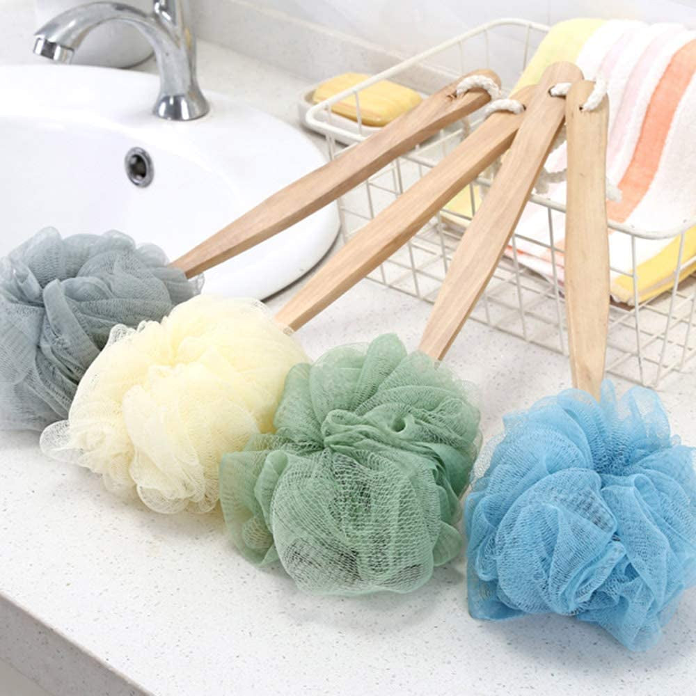 Loofah Back Scrubber, Wooden Handle Bath Sponge Lufa Shower Brush, Soft Nylon Mesh Back Cleaner Washer, Body Brush for Women Kids Bathroom Shower Accessories (Green)