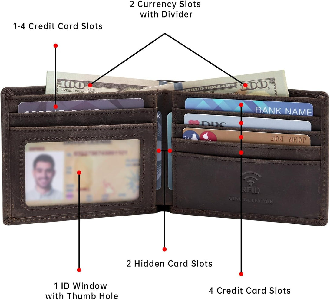 Real Leather Mens Bifold Wallet RFID Blocking Slim Minimalist Front Pocket - Thin & Stylish with ID Window in Gift Box (Crazy Horse, Coffee)