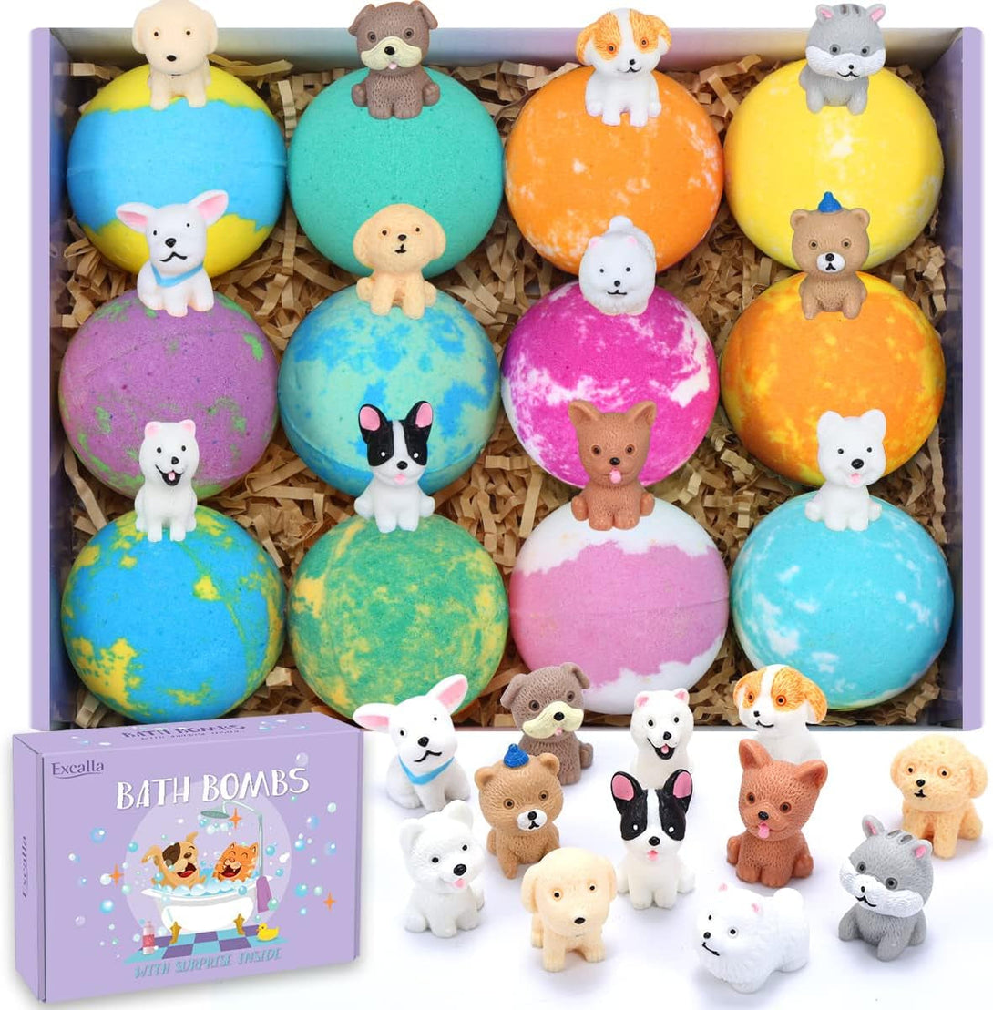 Bath Bombs for Kids with Surprise Toys inside for Girls Boys - 12 Pcs Bubble Bath Fizz Balls Gift Set with Puppy Toy, Gentle and Kids Safe for Easter Eggs Stuffers